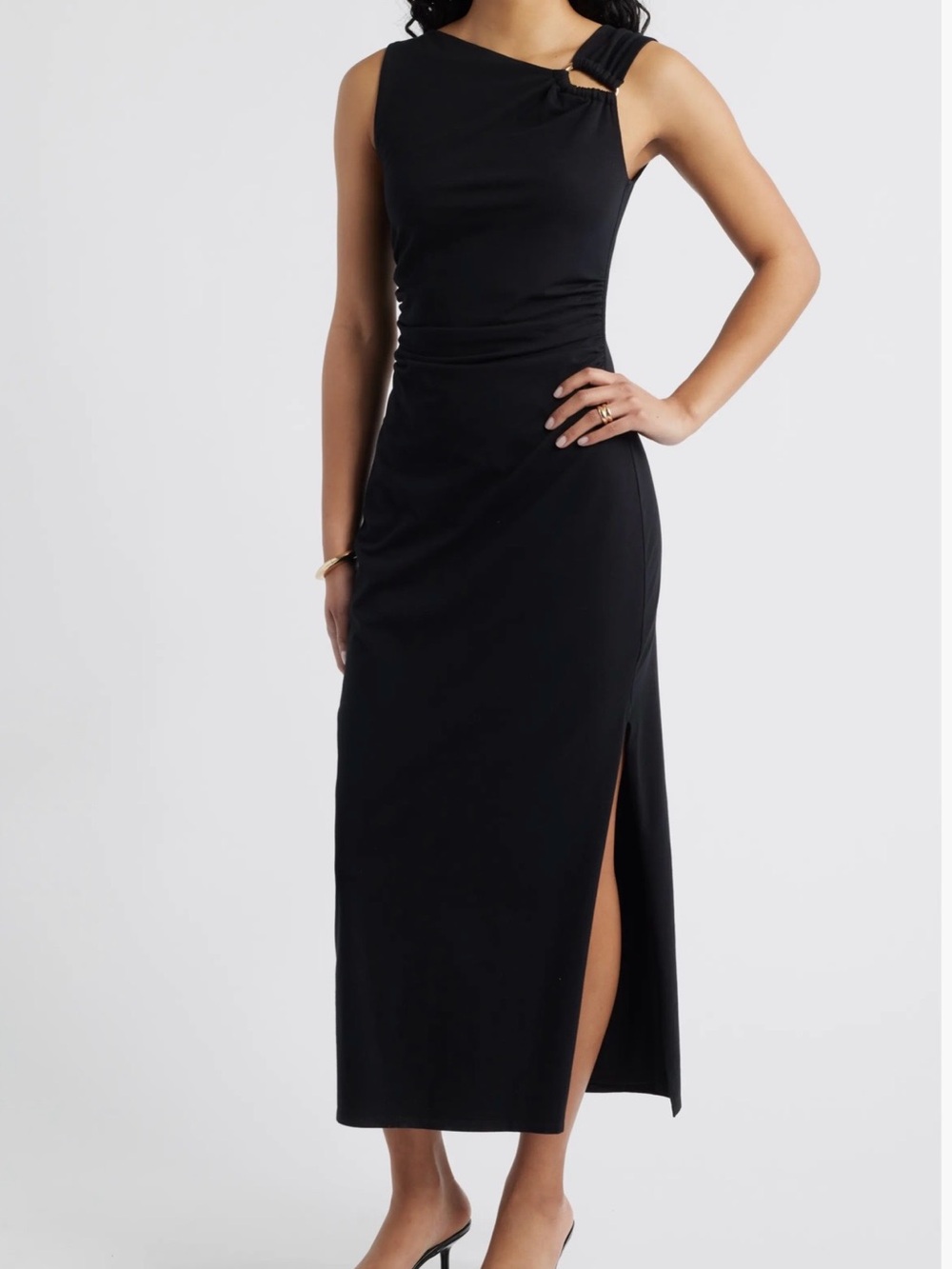 NWOT Asymmetric One-Shoulder Black Midi Dress with Side Slit